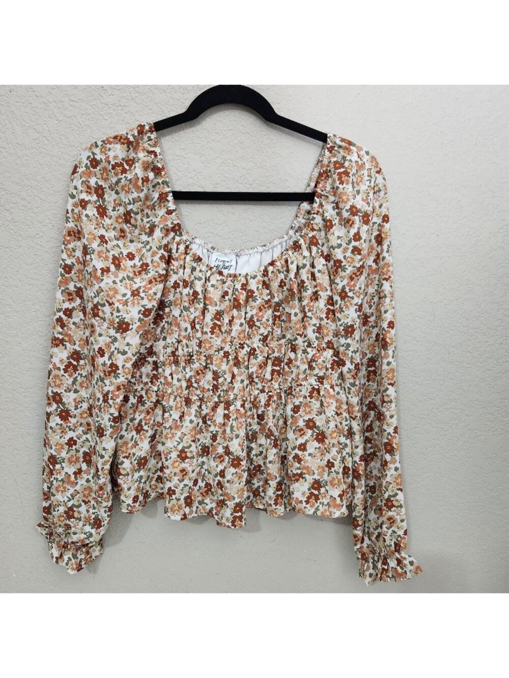 Planet Heart Womens Floral Long Sleeve Blouse L Square Neck Smocked Details